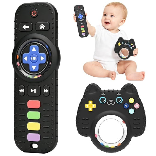 Chuya Baby Toys Baby Remote Control Teething Toys,2 Pack Silicone Teether Rattles for 0 6 12 24 Months Infants, Sensory Development Teething Relief,Black