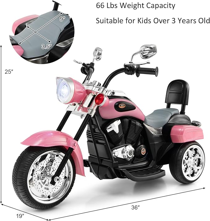 Costzon Kids Motorcycle, 6V Battery Powered Ride on Chopper Motorcycle w/Horn, Headlight, 3-Wheel Stable Ride on Toys, Electric Toddler Motorcycle for Kids, Gift for Boys Girls (Pink)