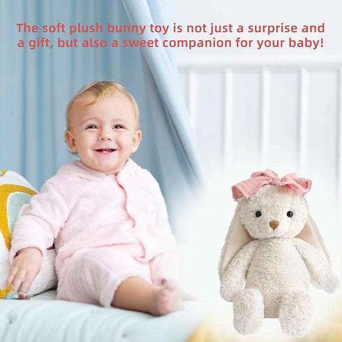 Bunny Stuffed Animal Soft Rabbit Cuddly Toy 10'' Long - Eared Plush Bunny with Pink Bow Plush Toys for Babies and Toddlers