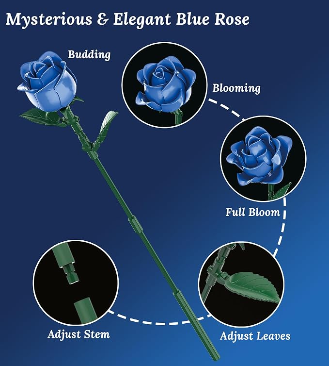 Blue Roses Flower Bouquet Building Set, Compatible with Lego Flowers, Artificial Flowers Botanical Collection Gift for Halloween Gothic Retro Home Decor