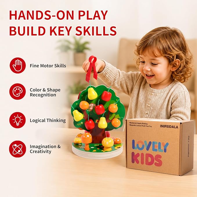 INIFEIDALA Montessori Toys for 3 4 5 6 Year Old - Wooden Educational Toy for Toddlers,Shape Sorting Puzzle for Fine Motor Skills,Apple Picking Magnetic Tree Toy,Hand-Eye Coordination,Color Recognition