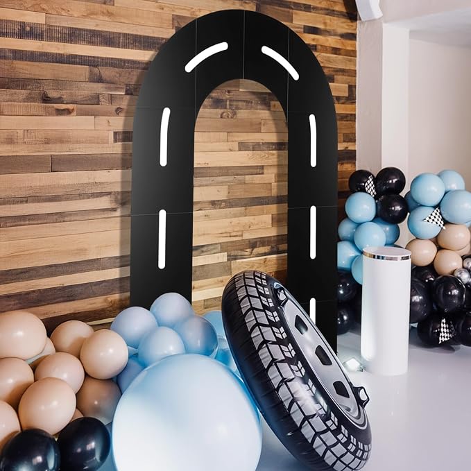 Zhanmai Racing Party Backdrop Decor Open U Shaped Race Track Arch Backdrop Stand with Weighted Water Bag Racetrack Pre-Cut Foam Board Set for Race Car Road Go Kart Birthday Games Party(7 ft)