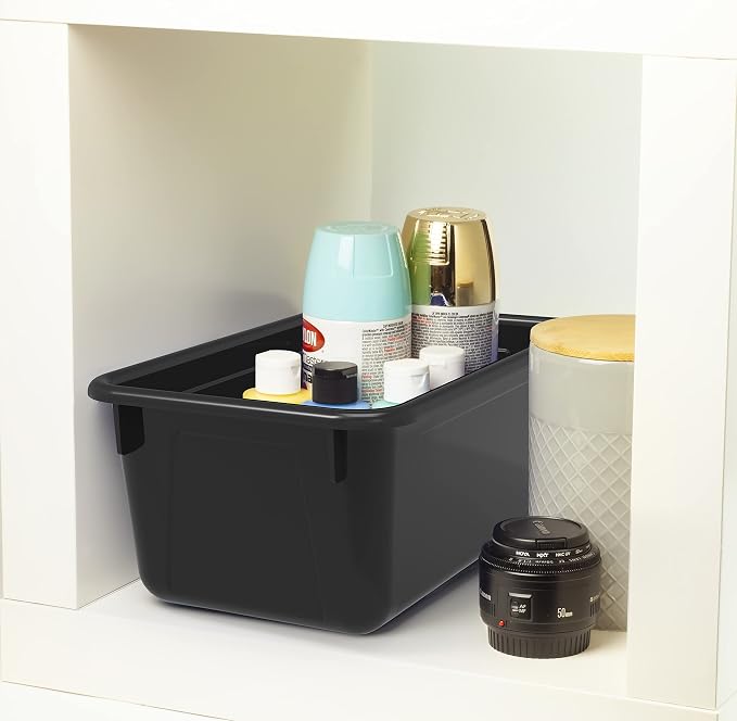 Storex Small Cubby Bins – Plastic Storage Containers for Classroom, 12.2 x 7.8 x 5.1 inches, Black, 5-Pack (62466A05C)