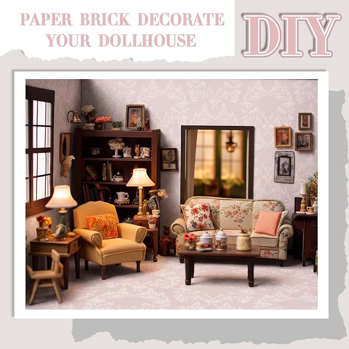Flutesan 12 Pcs Miniature Dollhouse Wallpaper and Flooring Peel and Stick Mini DIY Self Adhesive Dollhouse Accessories 8.27 x 11.69 Inch (Vintage Pink)