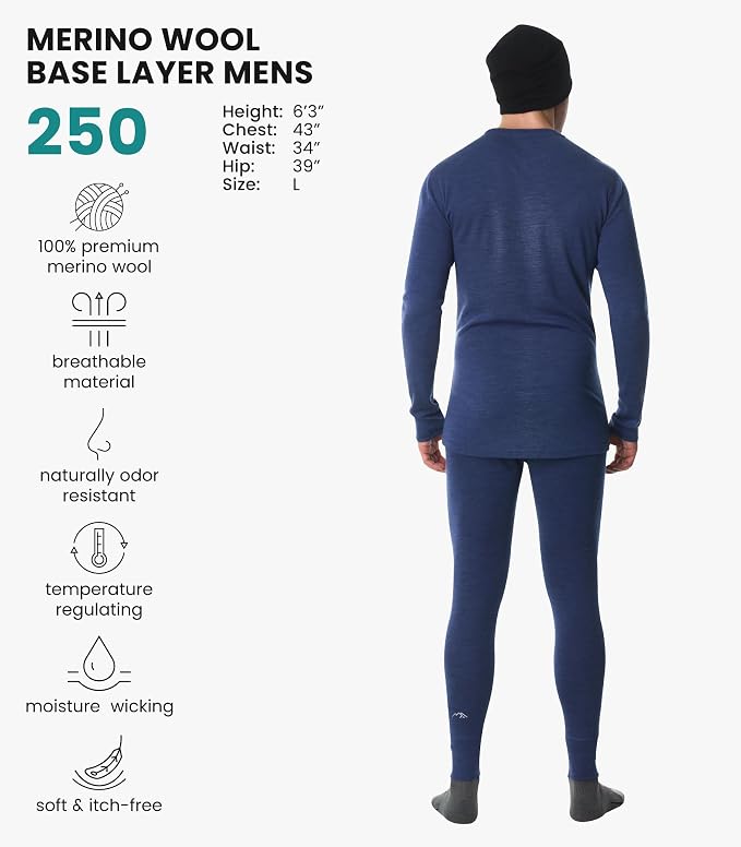 Merino.tech Merino Wool Base Layer Mens Set - Heavyweight, Midweight, Lite Merino Wool Thermal Underwear For Men Top, Bottom