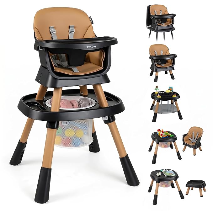 BABY JOY 16 in 1 High Chair, Convertible Baby Highchair for Babies and Toddlers with Activity Center, Booster Seat, Building Block Table, Toddler Chair with Safety Harness, Removable Tray (Coffee)