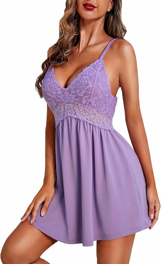 Ekouaer Lingerie for Women Sexy Nightgown Lace Trim Sleep Dress Chemise Nightgowns Sleeveless Night Gown Sleepwear S-3XL
