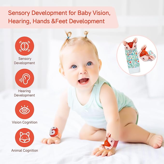 PADONISE Lovely Animal Wrist Rattles & Sock Toy for Baby Infant 0-6 6-12 Month Old Newborn Soft Toy Hand and Foot Finder Girl Boy Birthday Shower Easter Gift Set for Babies