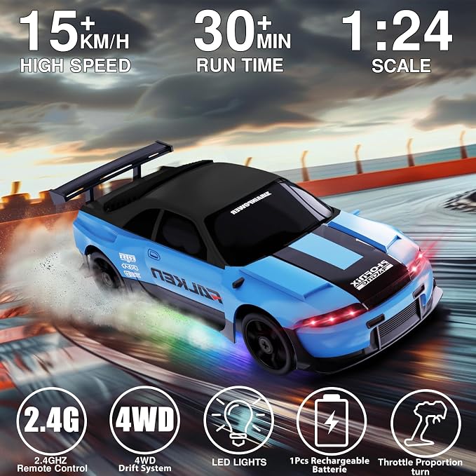 RC Drift Car 1:24 Remote Control Car 4WD 15KM/H High Speed Racing Sport Car with LED Lights RC Cars Toy for Kids Boys Girls Adults Gifts Birthday Christmas Rechargeable Batteries