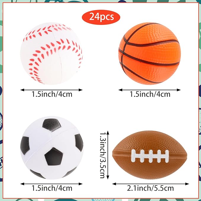 Hooqict Mini Sports Balls 24 Pack Sports Stress Ball Party Favors for Kids Mini Foam Baseball Football Soccer Basketball Stress Ball Relief Toys Classroom Goodie Bags Stuffers