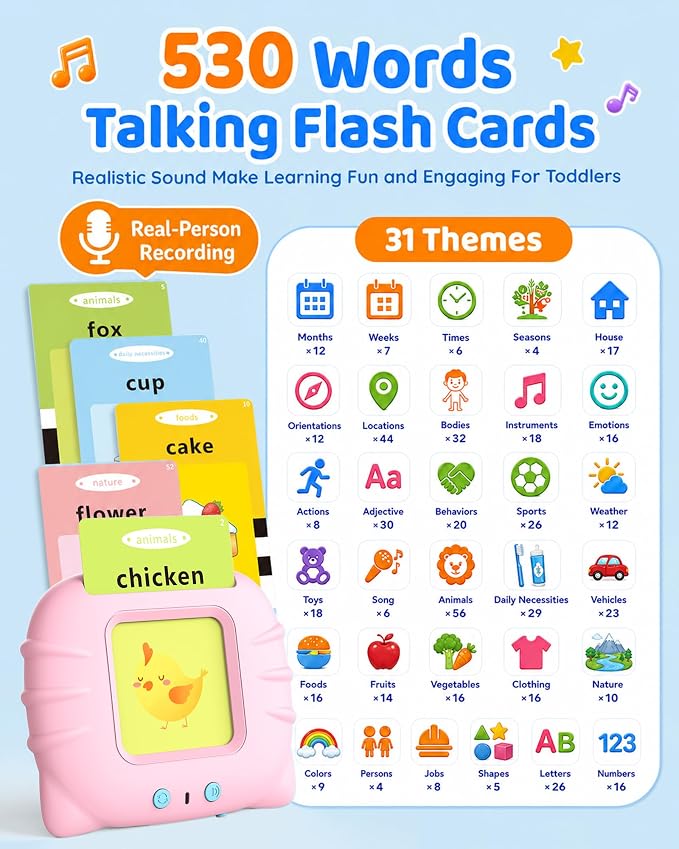 Aullsaty Talking Flash Cards for Toddlers 1-5 Years Old, Upgraded 536 Sight Words with 6 Songs Montessori Autism Sensory Toys, Educational Learning Speech Therapy Birthday Gifts for Boys Girls (Pink)