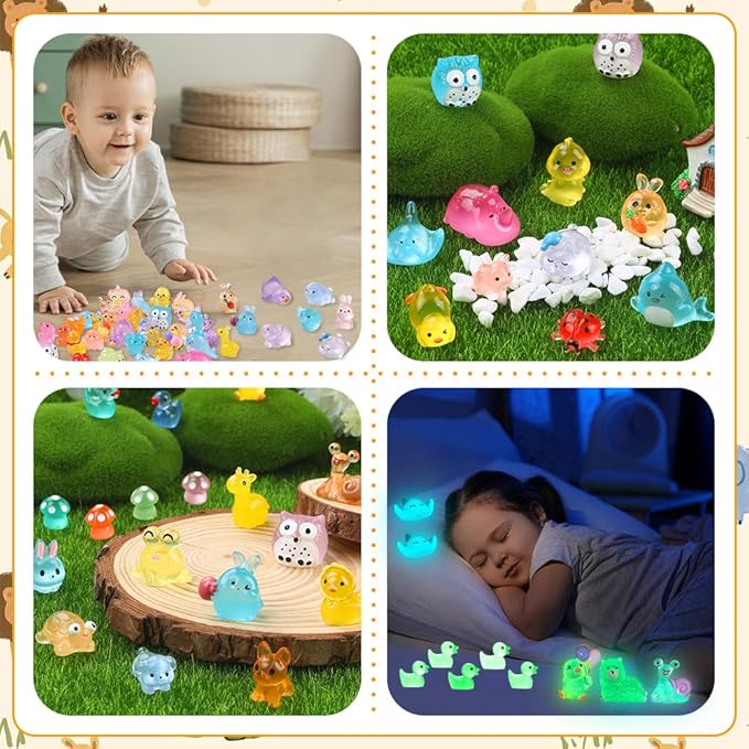 DIYDEC 206pcs Mini Luminous Resin Animals, Miniatures Glow in The Dark Toys Tiny Little Figures to Hide Small Duck Decor for Party Favors Bag Fillers Fairy Garden Dollhouse Accessories