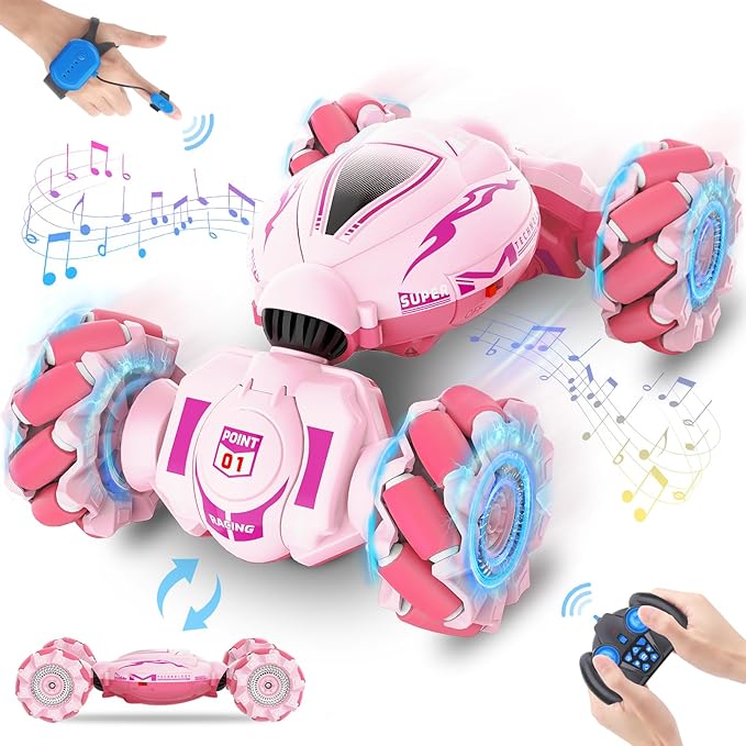 Fosgoit Pink RC Car Toys for Girls Aged 6-12, Gesture Sensing RC Stunt Cars with Lights Music for Girl Birthday Xmas Gifts, 2.4GHz 4WD Pink Remote Control Toy Double-Side Flip 360° All-Round Rotation