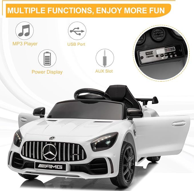 Winado 12V Ride on Car, Licensed Mercedes Benz AMG GTR Battery Powered Electric Vehicle, w/Parent Remote, Wider Seat, LED Lights, Openable Doors, MP3 Player, Smooth Start, 3 Speeds - White