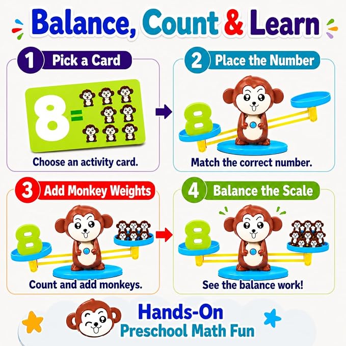 CozyBomB™ Monkey Scale Balance Counting Toys Math Games STEM Preschool Educational Toys for 3 4 5 Year olds Math Educational Kindergarten Number Learning Games Gifts for Boy Girl Birthdays Christmas
