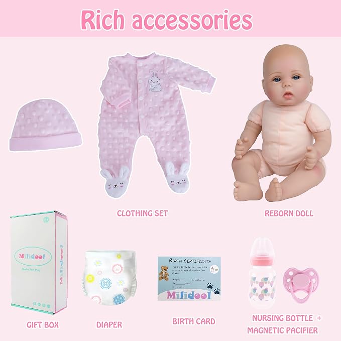 Milidool Reborn Baby Dolls Lifelike Girl Doll 18 inch Realistic Newborn Baby Doll Real Looking Silicone Baby Dolls Girl with Feeding Complete Accessories for 3+ Years Old Gifts