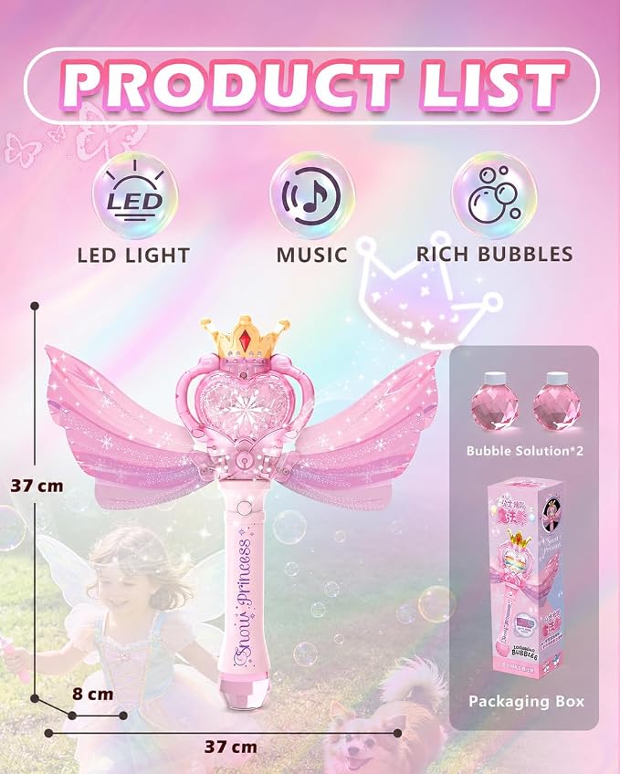 Princess Bubble Wand for Girls, Light Up Musical Fairy Toy with Detachable Wings, Music, Outdoor Birthday Gift for Kids Ages 3-8