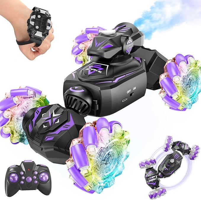 Gesture Sensing Remote Control Car, RC Cars Toys for Boys Age 6-12, 4WD Hand Controlled Twist & Transform 360° Spins Stunt Car with Mist, Light & Music, 8-10 Year Old Boys Birthday Gift Purple