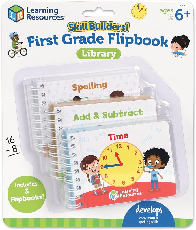 Learning Resources Skill Builders! First Grade Flipbook Library - 3 Pieces, Ages 6+, Math and Spelling Activities for Kids, First Grade Must Haves