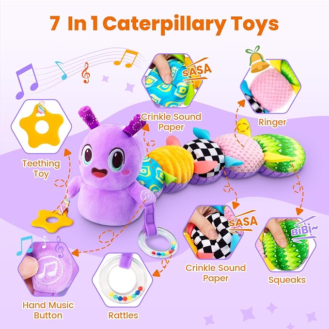 GoGonova Musical Caterpillar Baby Sensory Toy for Infant Development 0-12 Months – Tummy Time Crawler & Teether – Newborn Bath, Car Seat, Stroller & Bassinet Activity Toy & Gift(Purple)