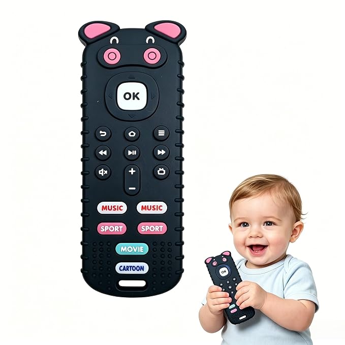 SOLIFEGOBLE Remote Control Teether for Babies 3-18 Months, Cute Pig-Shaped Silicone TV Remote Teething Toy, BPA-Free Soft Chew Toy with Textured Buttons, Teething Relief for Infants Boys Girls (Black)