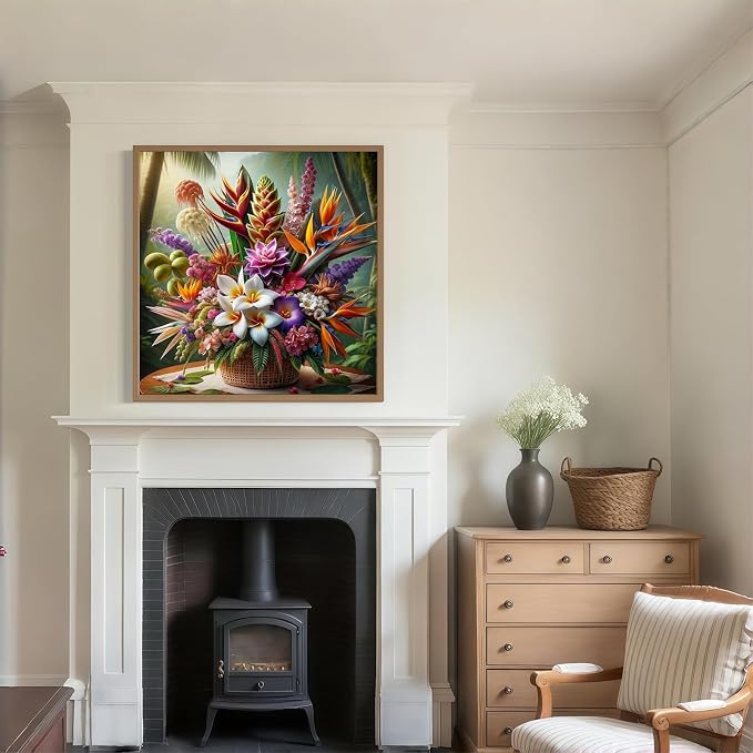 Tropical Flower Bouquet Diamond Painting Kit for Adults, Plumeria Jungle Floral, 5D Full Round Drill Diamond Art Beginners Canvas for Home Wall Decor, DIY Paint by Diamonds Dot Gem Craft13.8x13.8 Inch