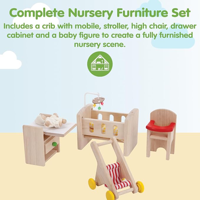PlanToys® Wooden Nursery Dollhouse Furniture Set for Kids | Montessori Small World and Caregiving Pretend Play | Eco Friendly Wooden Dollhouse Baby Room Set for Imaginative Play
