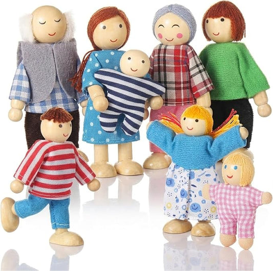 Jzszera Wooden Doll House People of 8 Figures, Dolls Family Set for Girls Toddler Kids Dollhouse Accessories Toy