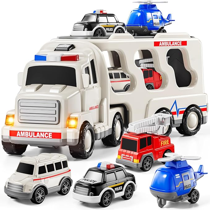 JUKUDAHU 5-in 1 Play Ambulance Toy Vehicle Toddler Truck Toys for 3 4 5 6 7 Year Old Boys - Friction Powered Cars with Light and Sound, Police Car, Fire Truck, Ambulance Car, Birthday Gifts for Kids