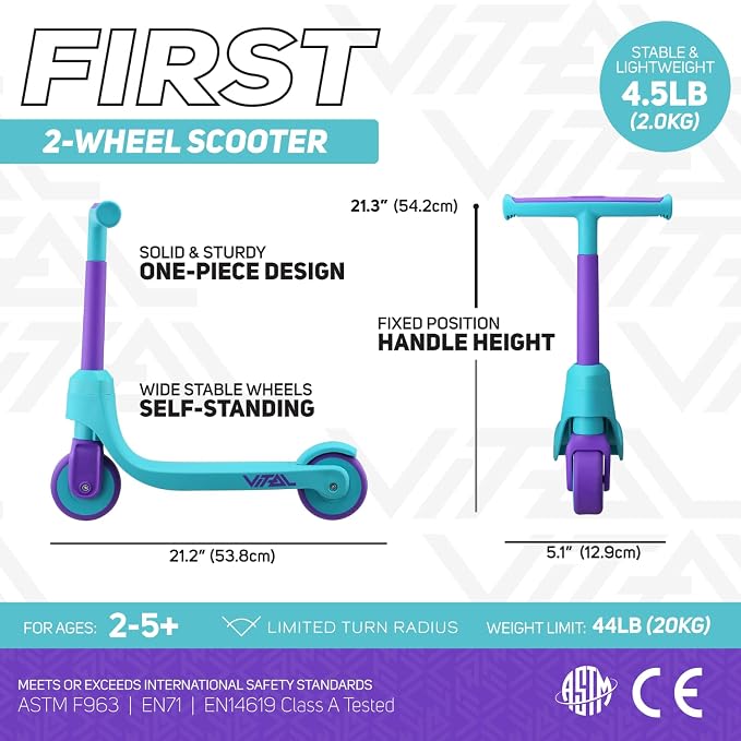 Vital First 2 Wheel Toddler Scooter | Beginner Balance Training Kids Toys for Ages 2-5 | Durable Lightweight Design & Fixed Height Kids Scooter | Wide Wheels and Foot Brake