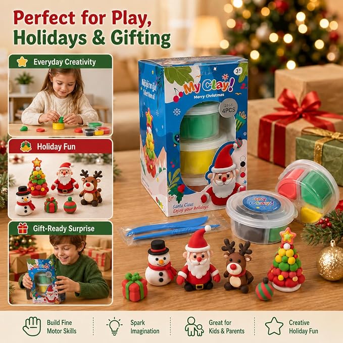 Air Dry Clay for Kids, 4 Christmas Mini Modeling Clay Sets, DIY Snowman Model Magic Clay Kit with Tools & Tutorials, Christmas Stocking Stuffers for Kids, Creatible Art Crafts Toys Gifts Xmas Gift