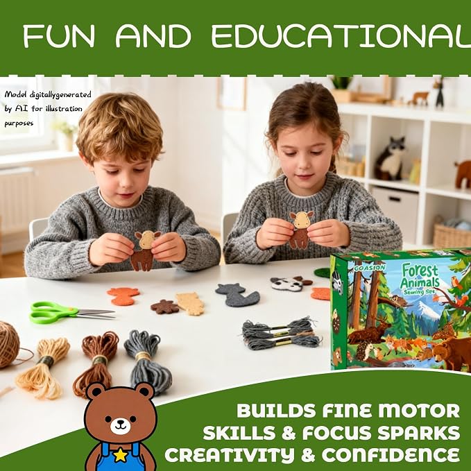 GOASION Sewing Kit for Kids, Woodland Animals Kids Sewing Kit, Pre Punched Design for DIY Hanging Decorations, Sewing Tit for Beginners Age 8-12, Boys & Girls Birthday Gift