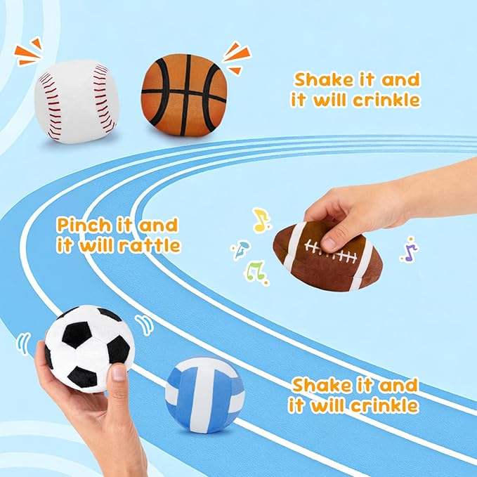My First Sports Bag Plush, Baby Sports Toys Plushie with 5 Pcs Ball Plushy for Toddlers, First Birthday Gifts for Boys Girls