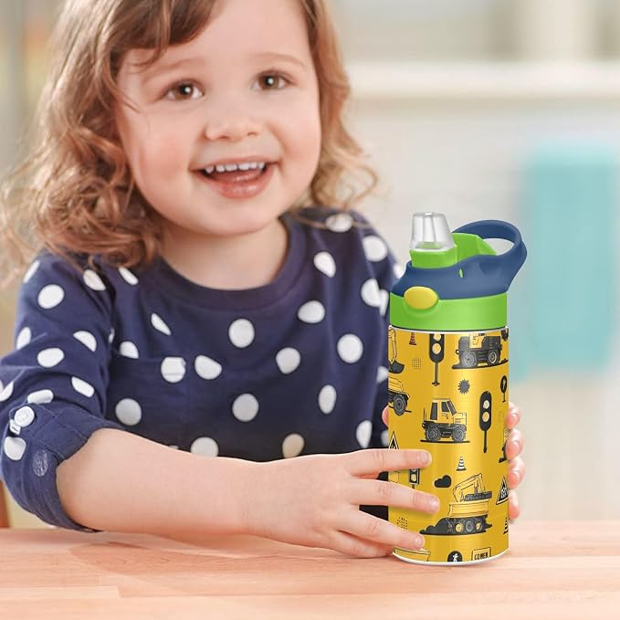 Boccsty Tractor Yellow Truck Kids Water Bottle with Straw Lid Construction Machines Insulated Stainless Steel Reusable Tumbler for Boys Girls Toddlers 12 oz Green