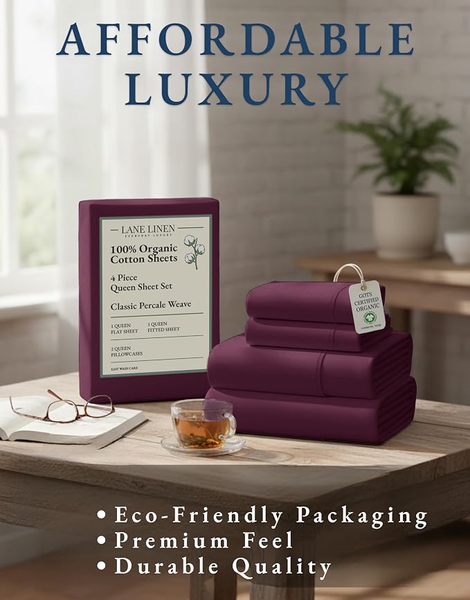 LANE LINEN Queen Size Bed Sheets 100% Organic Cotton 4pc - Windsor Wine | Queen Sheets In 100% Organic Cotton Percale - All-Season Comfort, For Master Bedrooms, Naturally Cooling & Lightweight