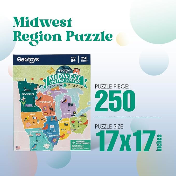 Geotoys Midwest Region Jigsaw Puzzle - Educational and Interactive Map Game - 250 Piece Puzzles - Jigsaw Puzzles for Kids Ages 8-12 - Kids Puzzle Games with Colorful Landmarks