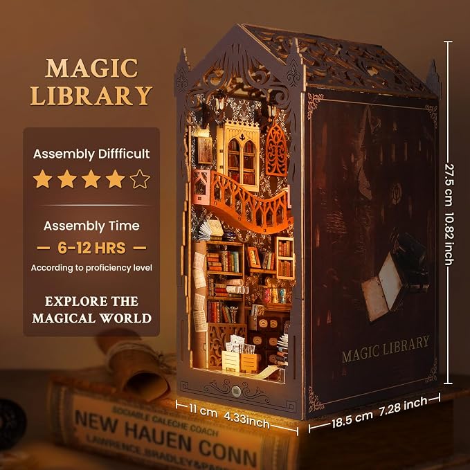 Book Nook Kit - DIY Miniature Dollhouse with LED Light, 3D Wooden Puzzle Kit for Adults & Teens, Library Shelf Decor (200+ Pieces)