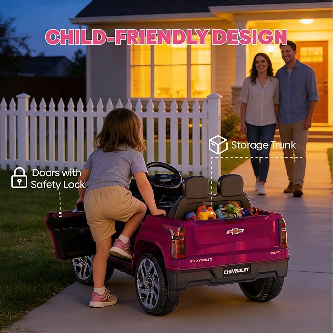 24V Licensed Chevrolet Silverado EV Electric Car for Kids, Ride on Toys for Toddlers with Remote Control, Soft Start, Wide Seat, 3 Speed, LED Lights, Music Player, Birthday Gift, Pink
