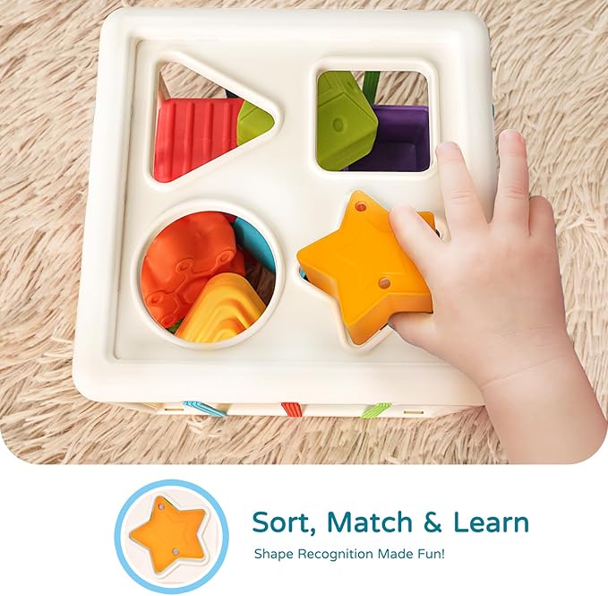 LiKee Montessori Toys for 1 Year Old Multi Sensory Shapes, Toddler Developmental Learning Birthday Gifts, Baby Toys 12+ Months (Shape Sorter Cube)