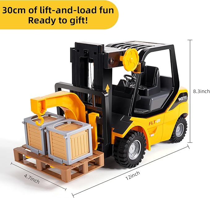 11.8 Inch Friction Powered Toy Forklift Truck with Lights & Sounds, 1/16 Scale Construction Vehicle with Pallet & 2 Cargo Boxes, Push Car for Toddlers Age 3, 4, 5 Boys Girls - Easter Gifts