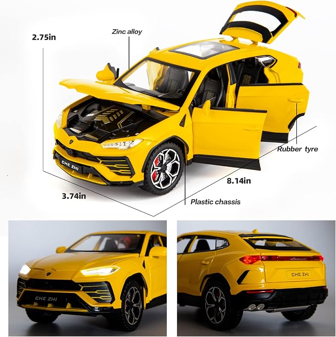 BDTCTK Compatible for 1:24 Lambo Urus Car Model, Diecast Pull Back Car Toy car, Doors Open, Light and Sound, Boys Toys Kids Adults Gifts Yellow