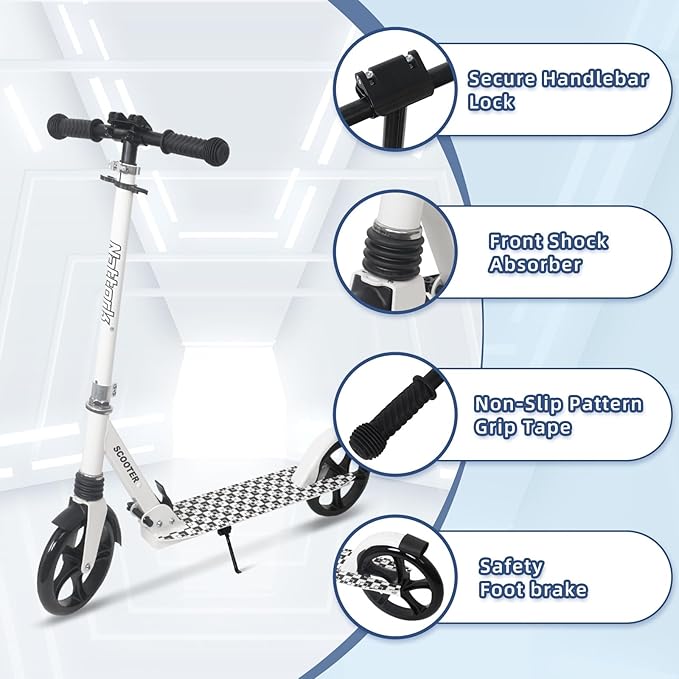 Nattork Kick Scooter for Kids 6+ Years Teens Adults - 220LB Weight Capacity, Front Shock Absorber and Adjustable Handlebar - Smooth Ride with 8" Sturdy Wheels, Ideal for Outdoor Sports