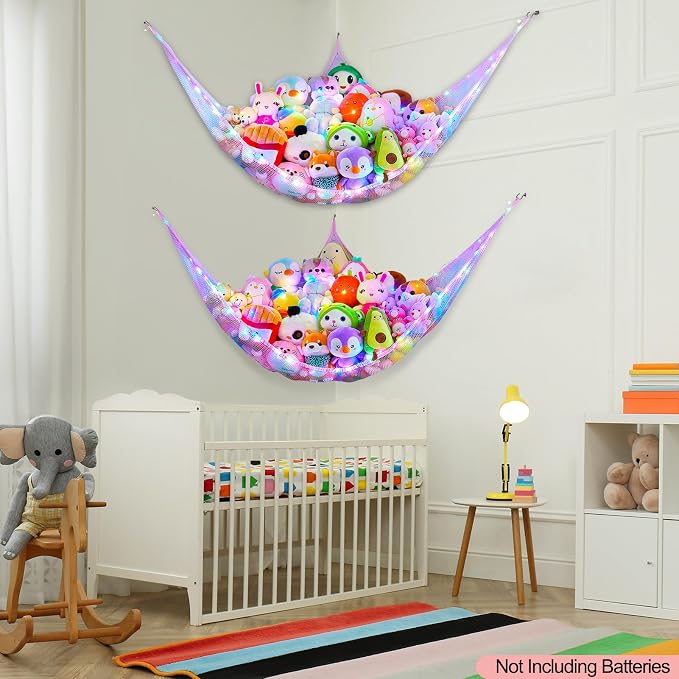 Unicorn Castle Stuffed Animals Net or Hammock Kids Toy Storage Organizer with LED Light Hanging Corner Stuffed Animals Holder Kids Girls Room Decor,Blue-Purple,Large (Pack of 2)