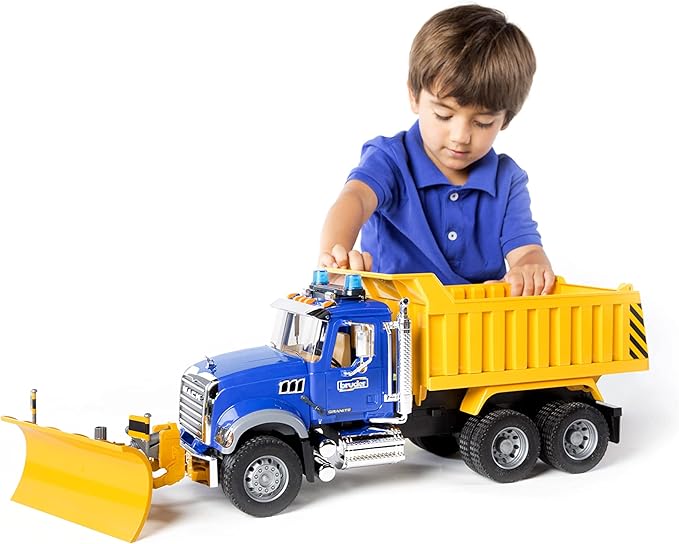 Bruder Mack Granite Dump Truck with Snow Plow & Light/Sound | Realistic 21" Construction Toy for Indoor & Outdoor Pretend Play