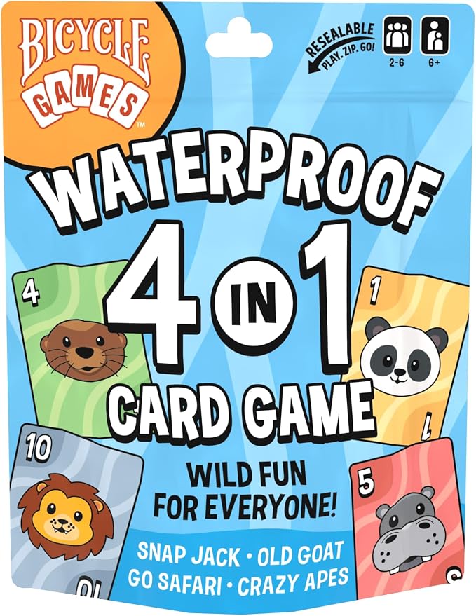 Bicycle Waterproof 4‑in‑1 Card Games Set – Durable Plastic Playing Cards Deck for Go Fish, Slap Jack, Crazy Eights & Old Maid, Family Travel Game Pack, Washable, Kid‑Friendly & Outdoor‑Ready