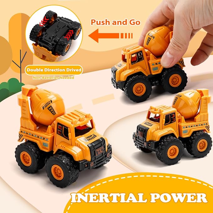 Construction Truck Toys for Toddlers 1-3, Push and Go Toy Vehicles Set with Mixer, Dump Truck, Excavator, Bulldozer, Friction Powered Cars for Boys and Girls, Gift for 2 3 4 5 Year Old Kids