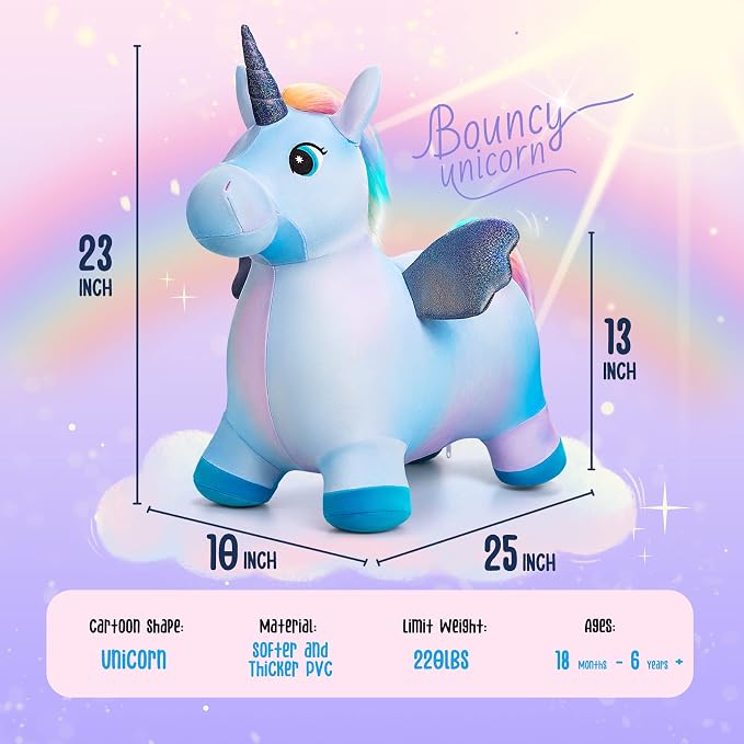 Unicorn Horse Hopper, Inflatable Plush Animal Hopping Toy, Bouncing Riding Hopper for Toddlers, Outdoor Indoor Jumping Toys for Boys Girls, Birthday Gifts for 18 Month 2 3 4 5 W/Free Pump