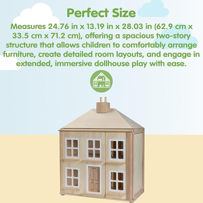 PlanToys® Wooden Georgian Dollhouse | 2-Storey House with Opening Door & Front Panels, Chimney & Staircases | Montessori Pretend Play House Compatible with 1:12 Scale Furniture & Wooden Dolls