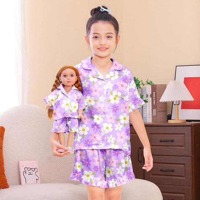 ICOSY Matching Doll & Girls Silk Pajamas Satin Pjs for Girls Button-Down Top and Shorts for 18" Doll Girl Clothes