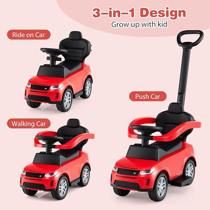OLAKIDS Push Car for Toddlers, 3 in 1 Licensed Landrover Baby Ride on Toy with Parent Control Handle Safe Guardrails, Kids Sliding Walker with Under Seat Storage Horn for Boys Girls (Ruby)